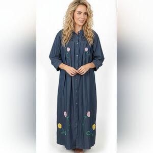 Vintage Styled By Saybury Embroidered Denim Robe Duster Cottagecore Dress